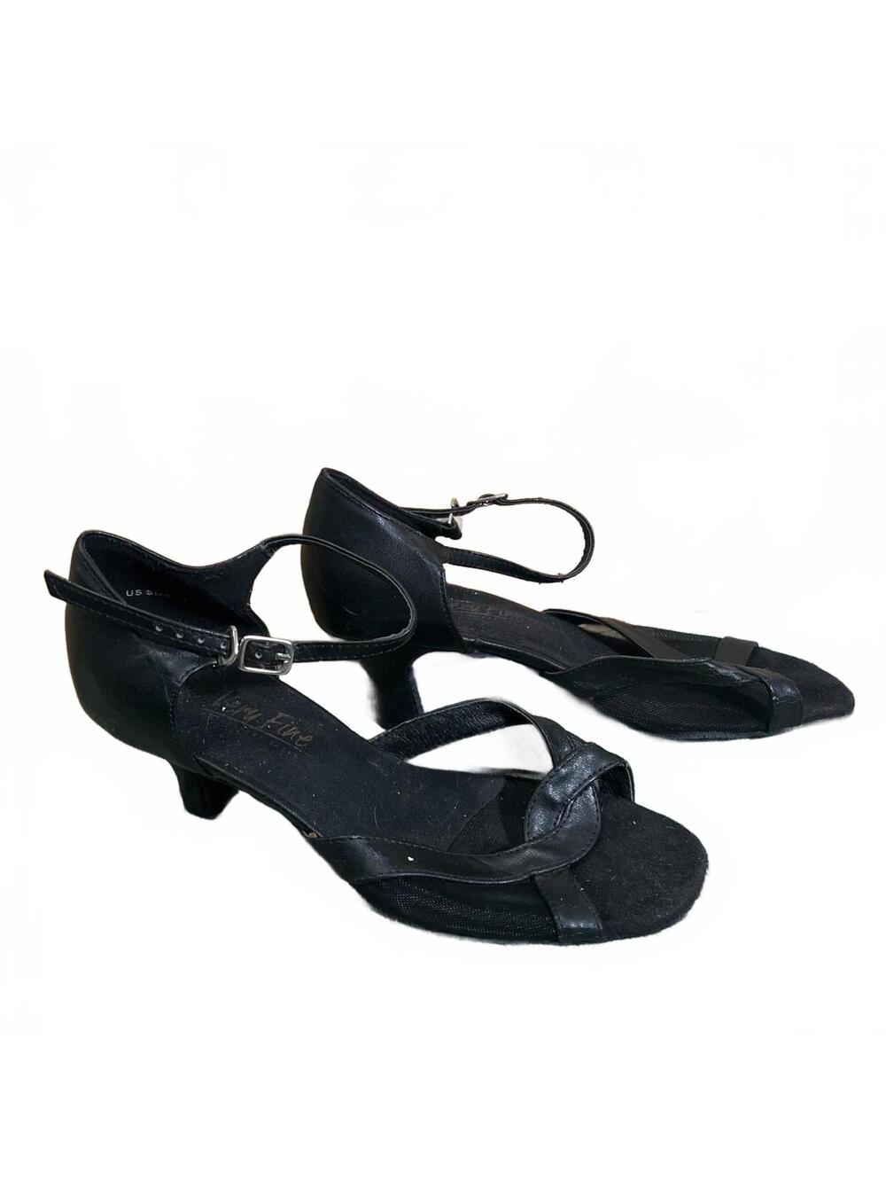Very Fine Black Leather Mesh Dance Shoes with Ankle Strap Size 7 Low Heel